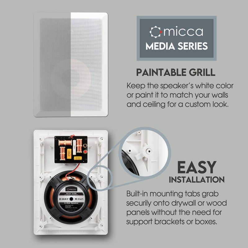 Micca M-8S 2-Way in-Wall Speaker, 10.0"(W) by 14.1"(H) Cutout, Home Theater, Whole House Audio, Indoor or Covered Outdoor, 8" Woofer, 1" Tweeter, White, Paintable, Each - Image 3